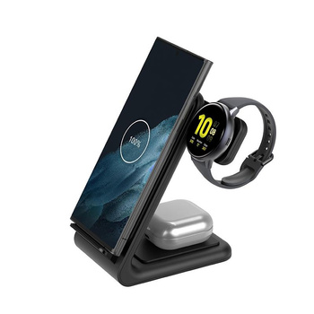 Crong PowerSpot™ Pivot Stand - Ładowarka bezprzewodowa 3w1 do iPhone, Samsung & Android, Galaxy Watch i słuchawek TWS (czarny)